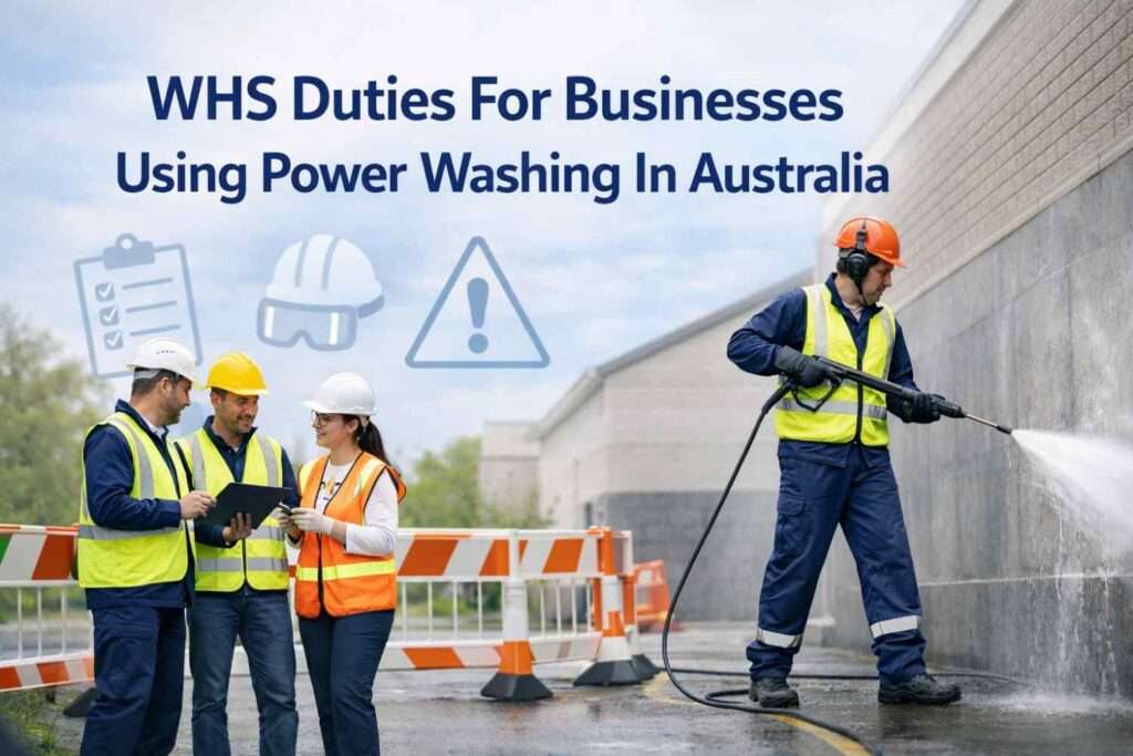 Professional worker safely power washing a surface with PPE and safety barriers, WHS duties for businesses in Australia.