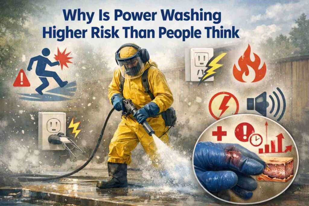 Worker amid hazard icons like slips, shocks, and stylized injection injury with urgency symbols in power washing.