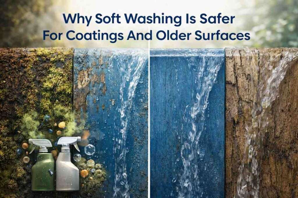 Thumbnail explaining safety advantages of soft washing for coatings and aged materials.