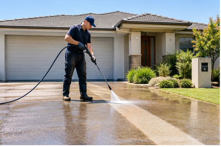 Male professional pressure cleaning a concrete driveway outside an Australian home
