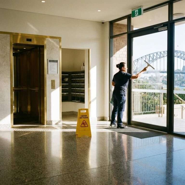 Professional cleaner wiping the glass entry door inside a modern Kirribilli apartment building lobby with polished floors, lift area, and clean shared-access common spaces.