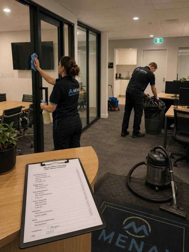 Commercial cleaners following a planned office cleaning checklist in a Menai office with glass doors, desks, bins, entry floors, and reception areas.