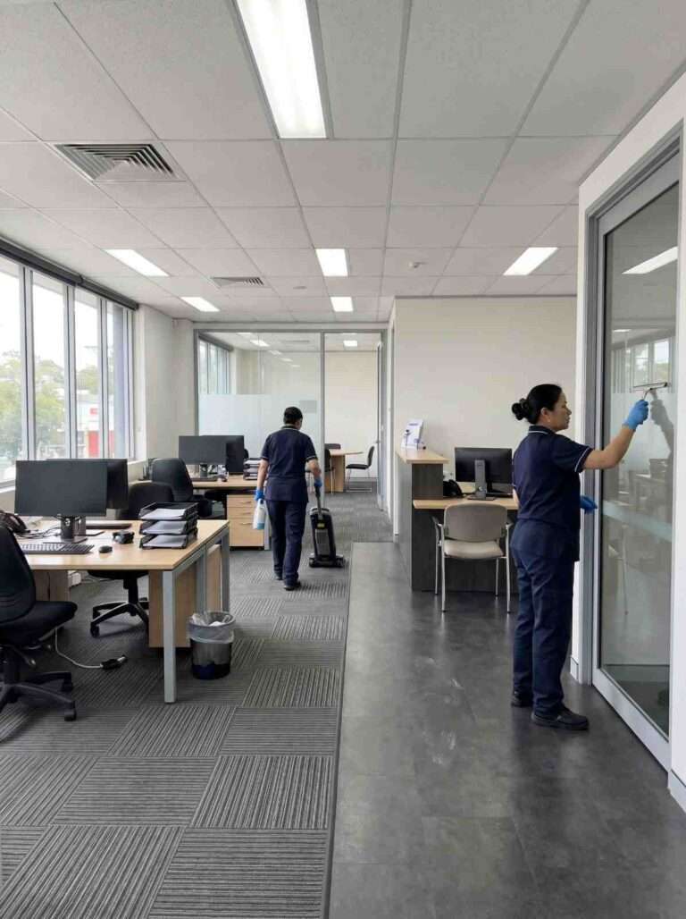 Two professional cleaners working inside a Southern Sydney office, with one vacuuming carpet tiles and another cleaning glass near the office entry area.