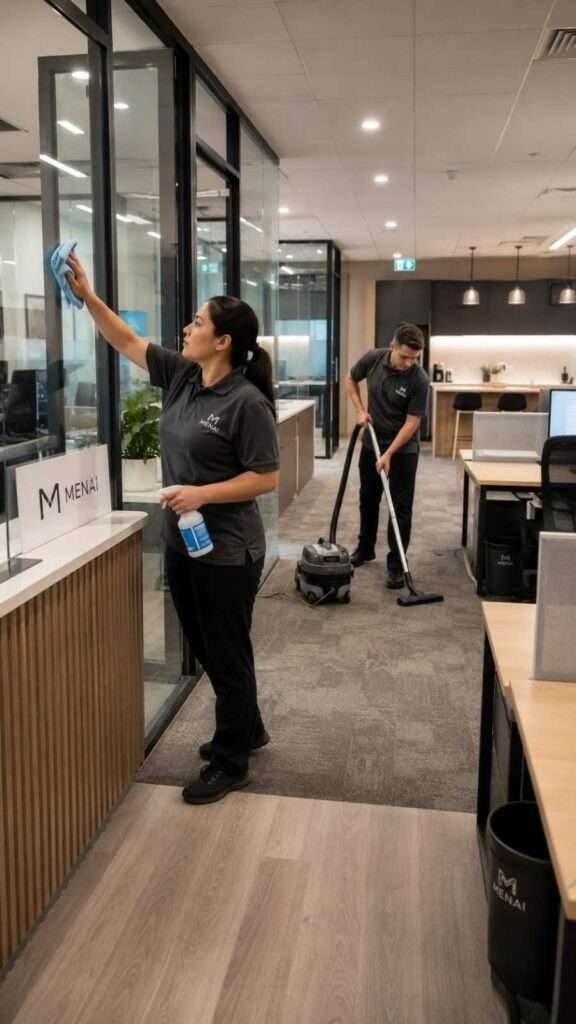 Professional cleaners performing planned office cleaning in a Menai office with glass, desks, floors, bins, and shared work areas.
