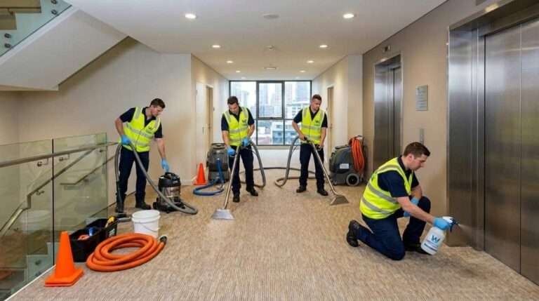 Westlink Cleaning Services crew performing hot water extraction carpet cleaning in a residential apartment building corridor in Pyrmont Sydney