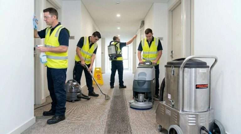 Westlink Cleaning Services technician cleaning strata building corridor carpet