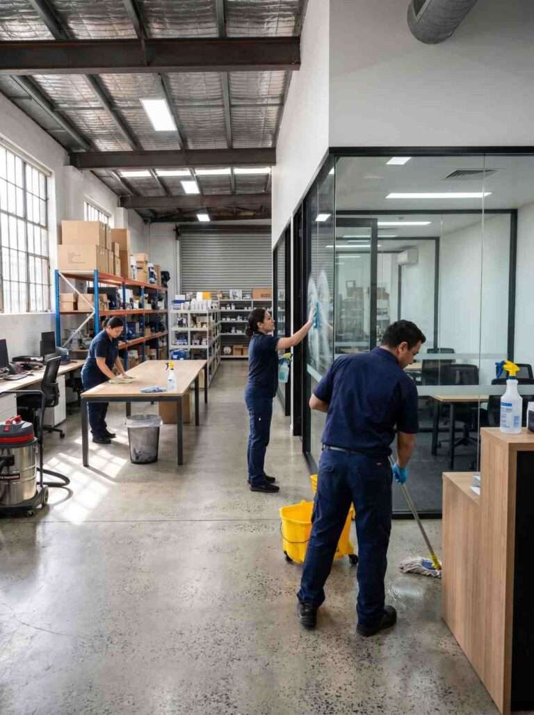 Three cleaners are completing office cleaning inside an Alexandria warehouse-connected office with glass cleaning, floor mopping and desk dusting.