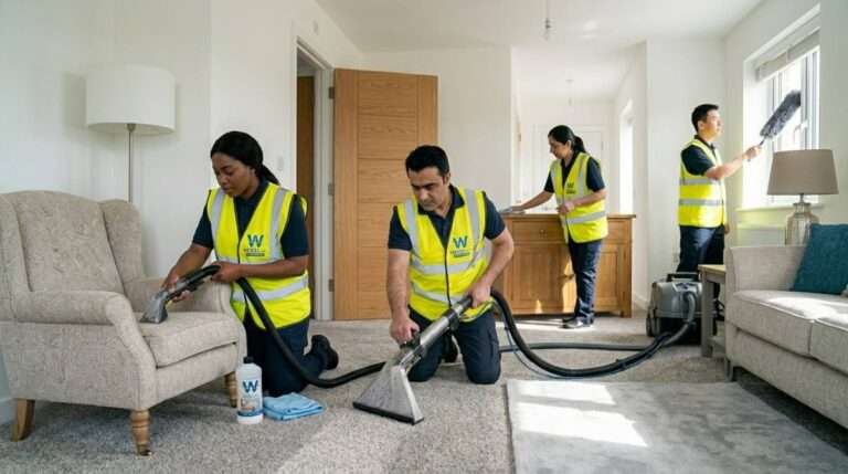 Westlink Cleaning Services team professionally cleaning carpet and furniture in a bright living room