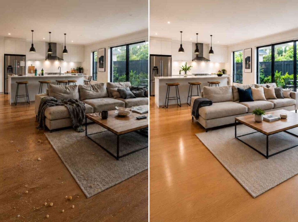 Before and after house cleaning transformation showing a messy living room and kitchen compared with a clean, organised home interior