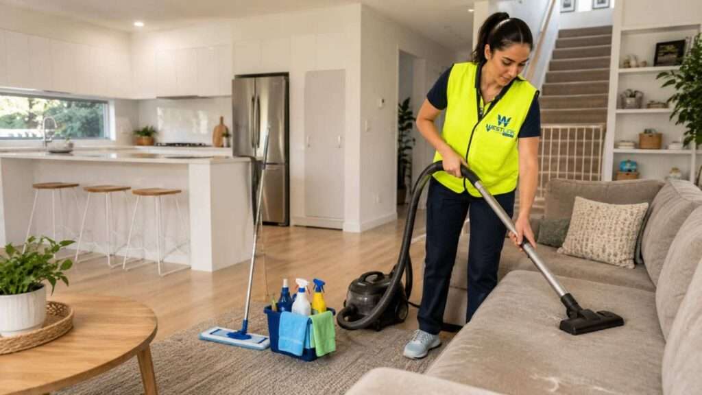 Westlink Cleaning's services include cleaning and vacuuming a sofa in a modern family home.