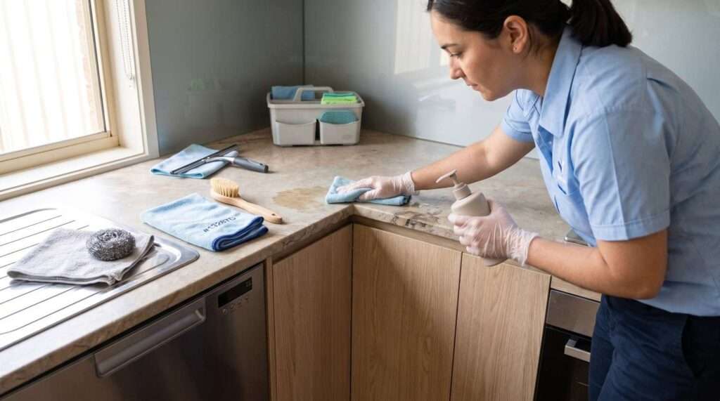 Gloved cleaner wiping a stone kitchen benchtop beside timber cabinets and stainless-steel appliances