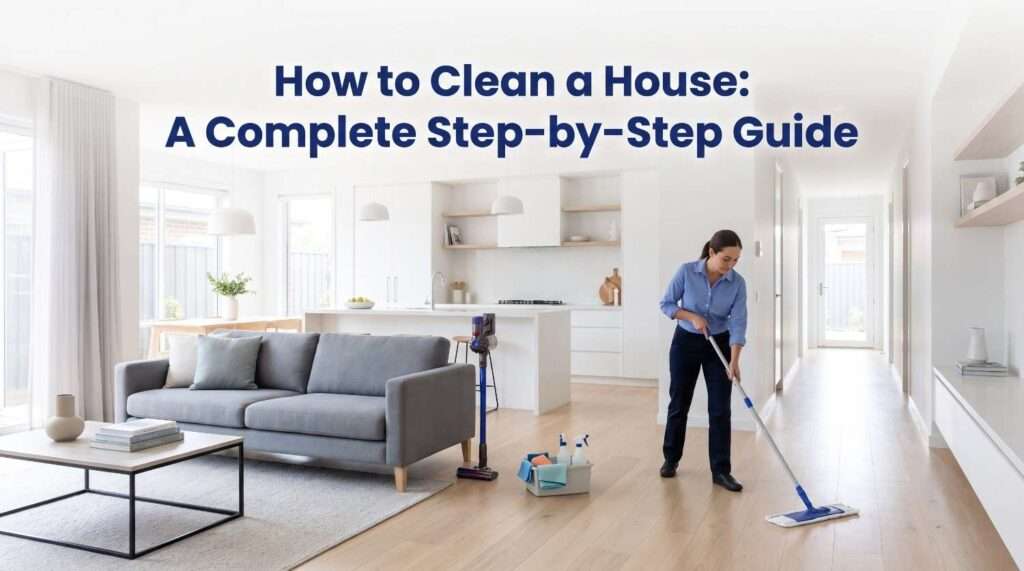 Professional cleaner mopping the floor of a tidy modern house with a vacuum and cleaning caddy nearby
