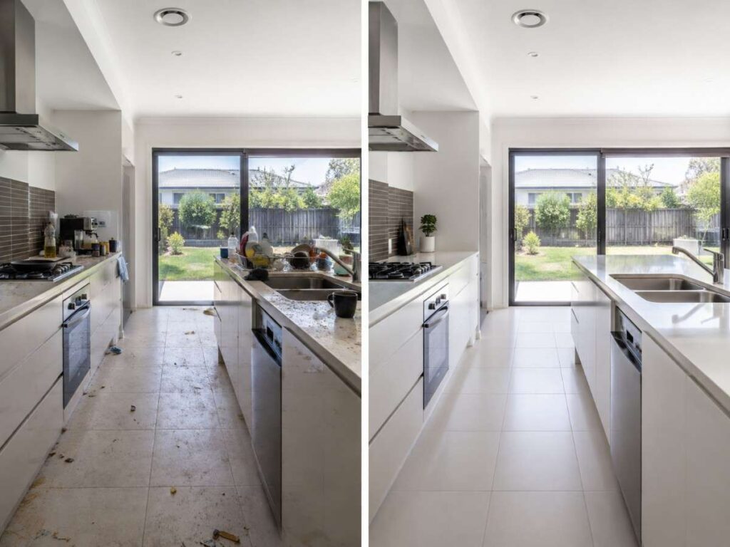 Before and after kitchen cleaning showing dirty floors, benches, and cooking areas restored to a clean finish in Fairfield