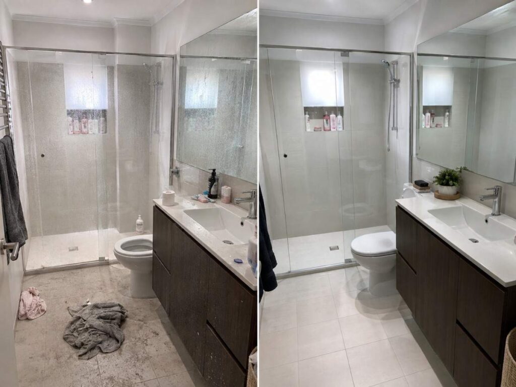 Bathroom before and after professional cleaning of the shower, vanity, toilet, mirror, and tiled floor