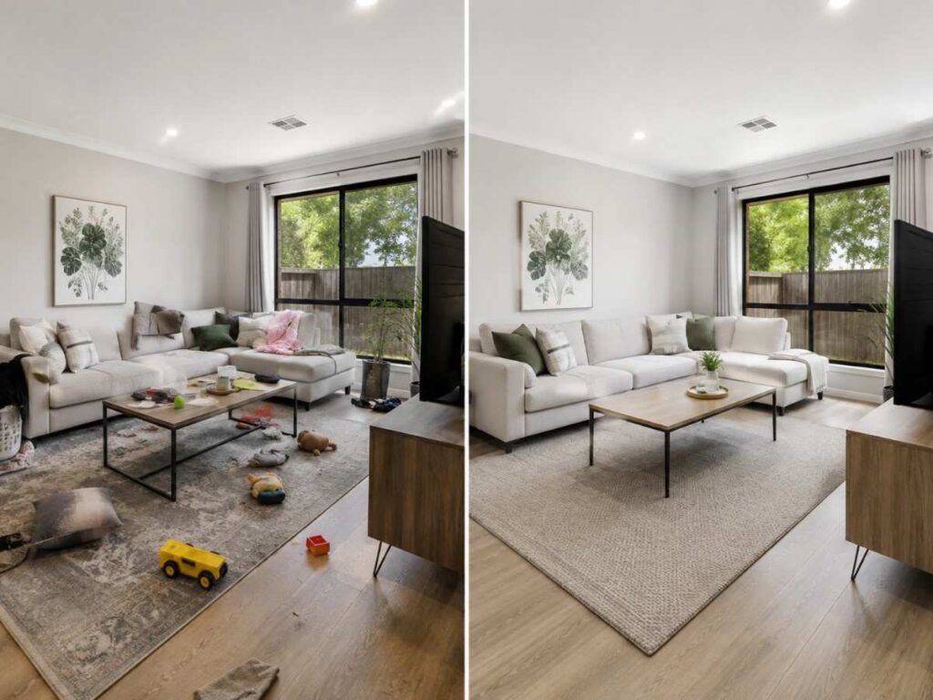 Before and after living room cleaning showing clutter removed and the lounge area restored to a tidy condition