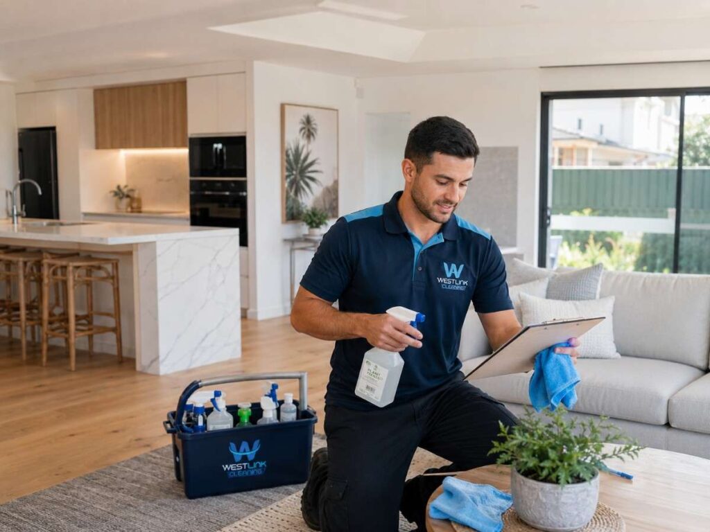 Westlink Cleaning Services cleaner reviewing a household checklist while preparing to clean a Fairfield participant’s living area