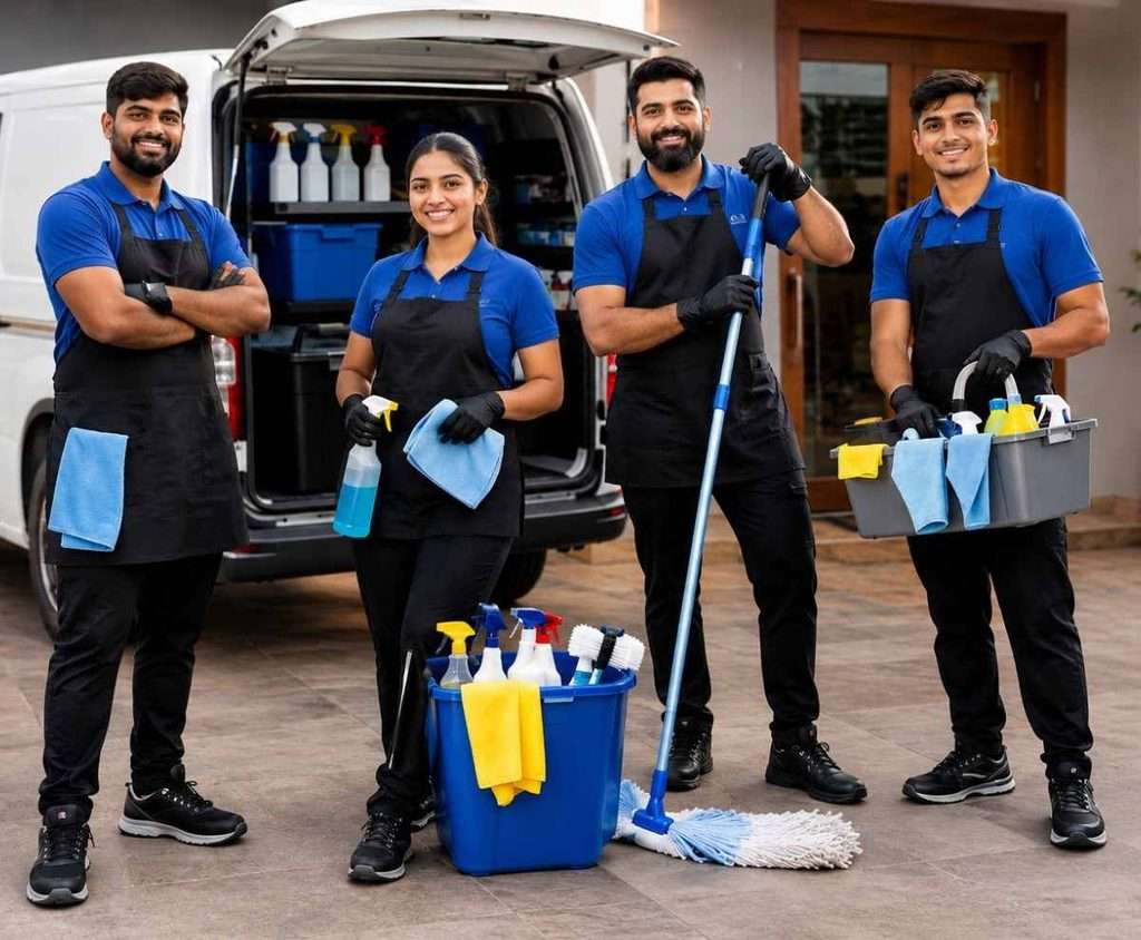 Westlink Cleaning Services professional cleaning team with bathroom cleaning equipment besides a service van.