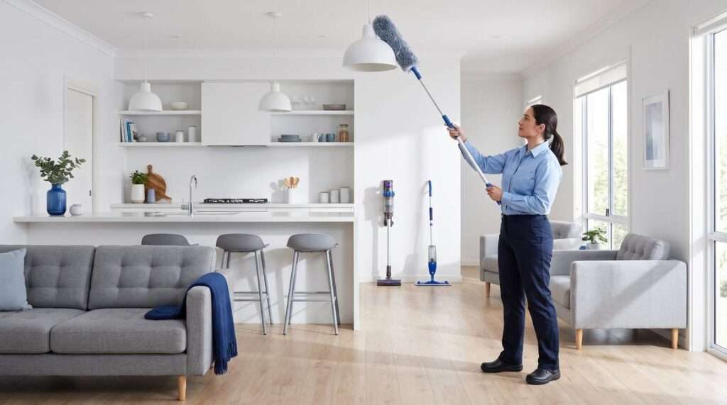 Cleaner dusting a pendant light before using the vacuum and mop waiting on the floor