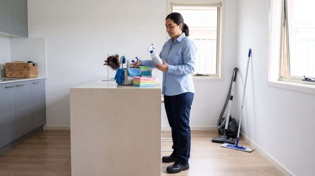 Professional cleaner reading a product label beside organised cloths, brushes, gloves, a vacuum and a mop