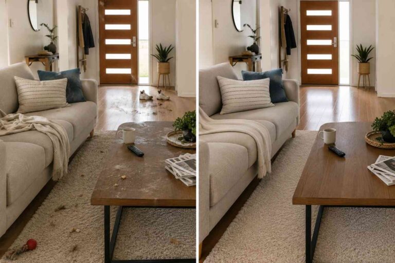 Before and after living room house cleaning in North West Sydney