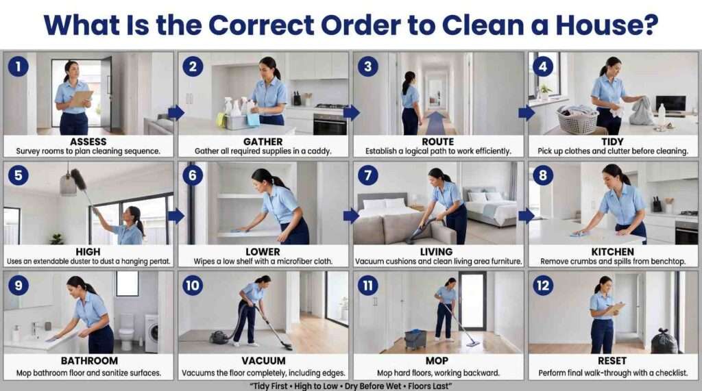 Photo infographic showing 12 stages for cleaning a house, from assessing and tidying rooms to dusting, vacuuming, mopping and final inspection