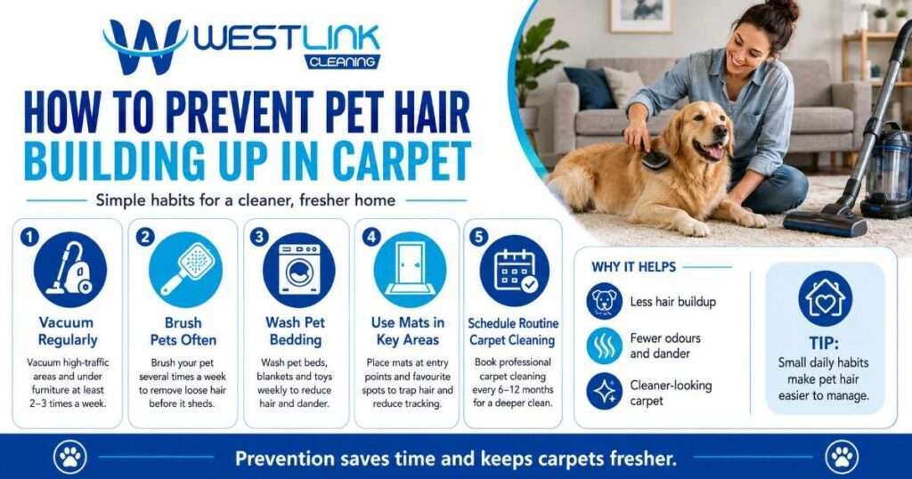 Tips to prevent pet hair buildup in carpet through grooming, vacuuming, and regular maintenance