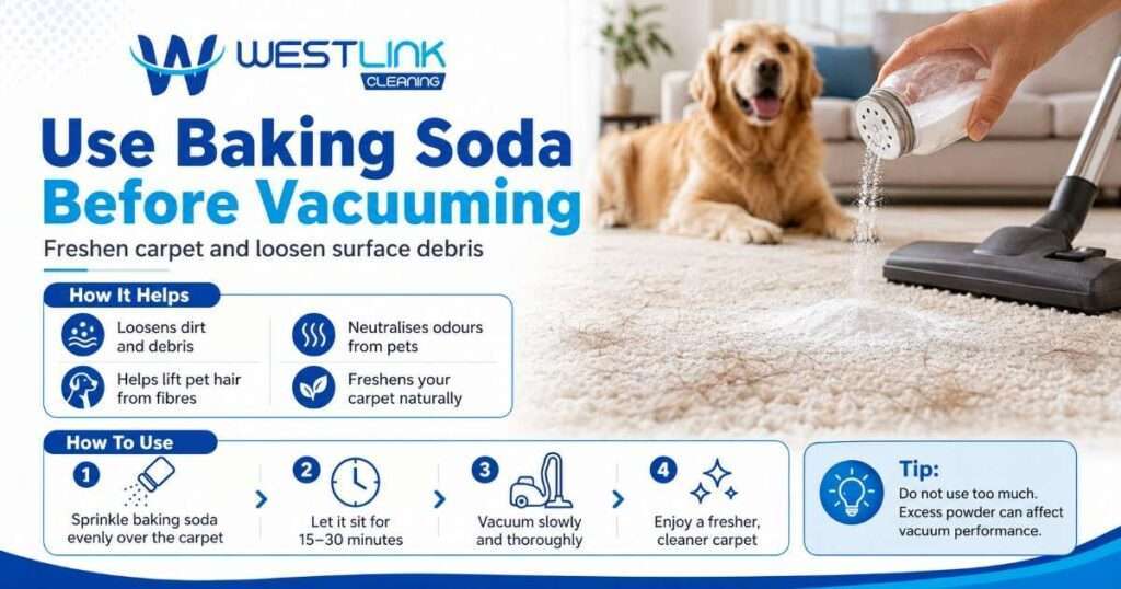 Using baking soda before vacuuming carpet to freshen fibres and loosen pet hair debris