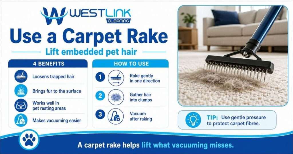 Using a carpet rake to lift embedded pet hair from carpet fibres before vacuuming