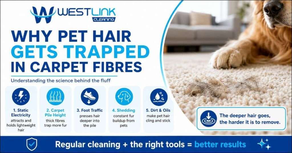 Why pet hair gets trapped in carpet fibres due to static electricity, carpet pile, and foot traffic