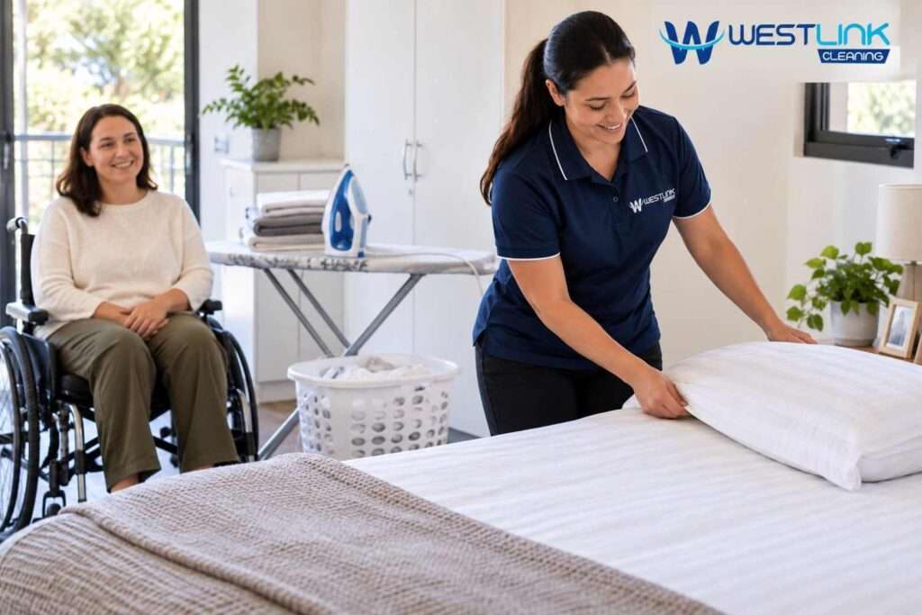 NDIS participant receiving support with laundry, ironing and bed-linen changes because disability-related limitations make household tasks difficult to complete independently.
