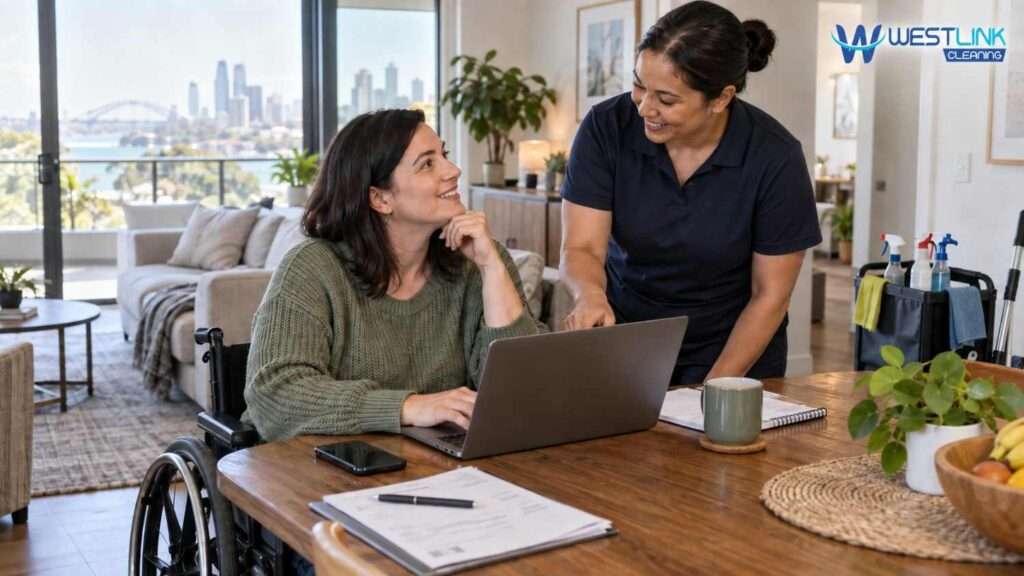 NDIS participant arranging household cleaning while comparing self-managed payments with plan manager invoice processing.