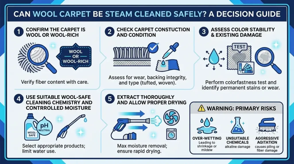 Can you steam clean wool carpet infographic showing suitability checks, cleaning risks and professional assessment factors
