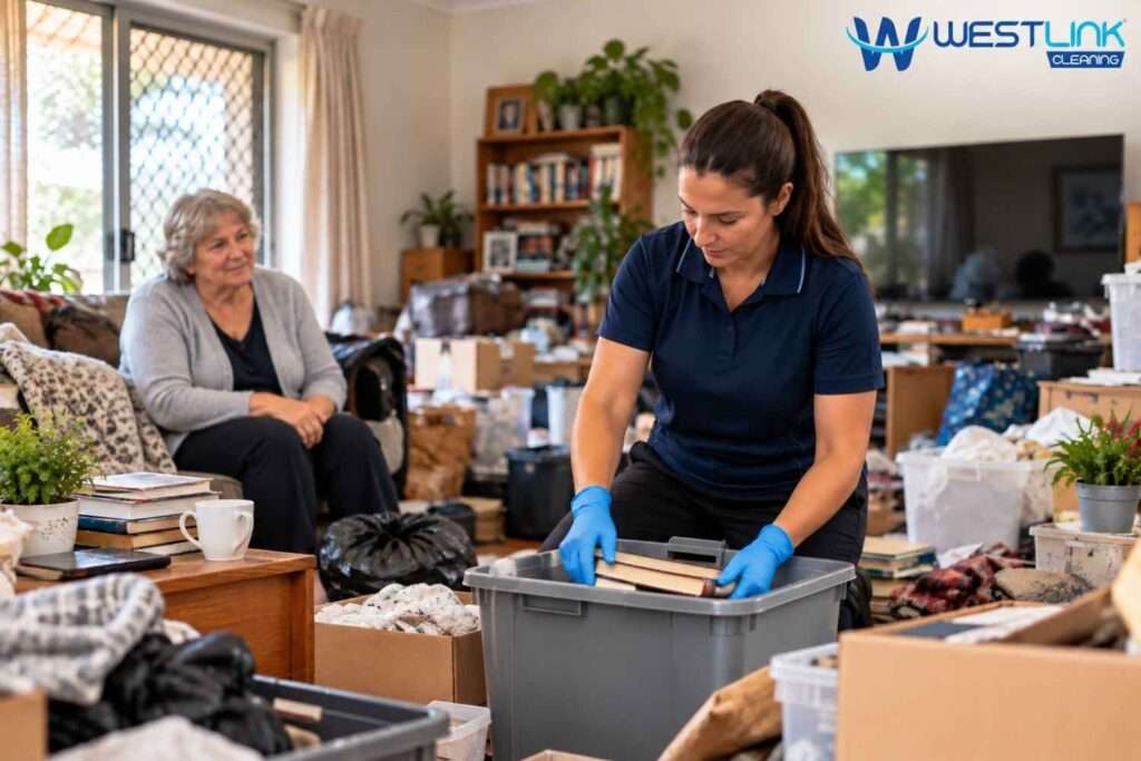 NDIS cleaner providing practical household cleaning support in a cluttered home while respecting the participant’s belongings