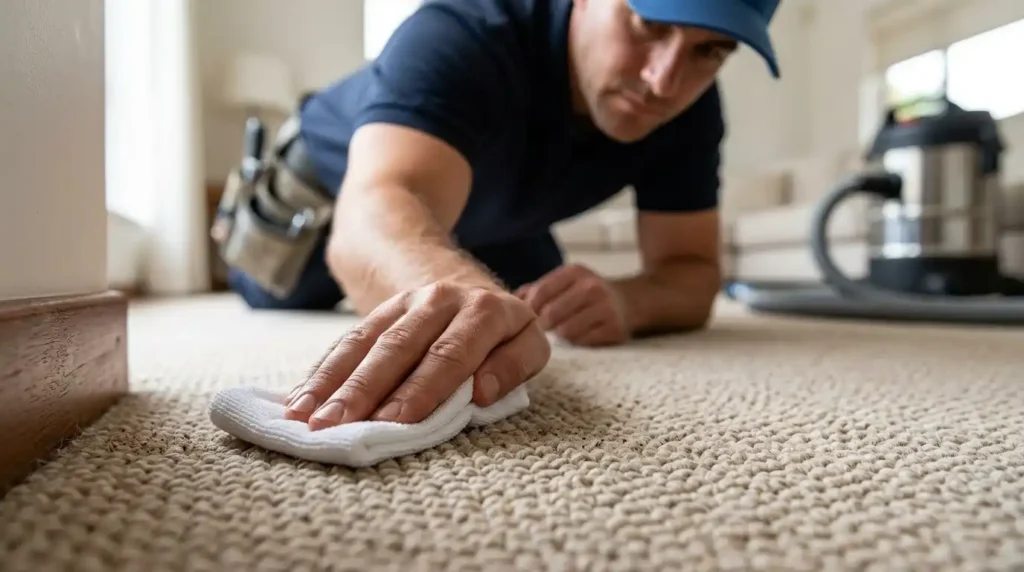 Professional colour stability assessment on wool carpet before wet cleaning