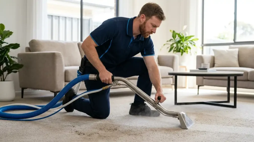 Professional hot water extraction cleaning wool carpet with controlled moisture in a Sydney home