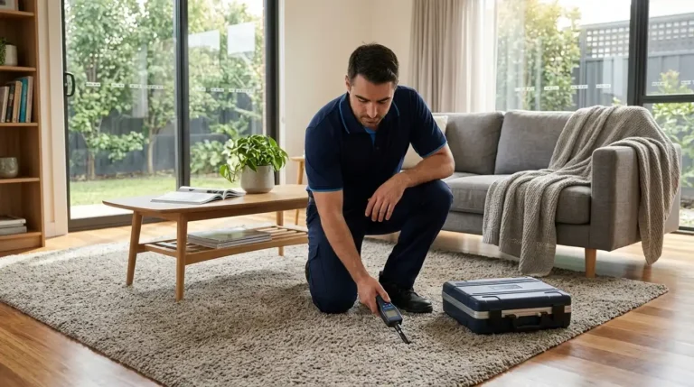 Professional carpet cleaner inspecting a carpet with odour concerns in a modern Sydney home