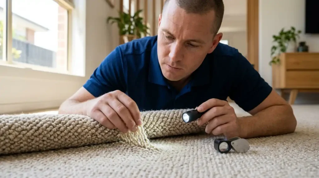 Professional technician inspecting wool carpet fibres and construction before cleaning