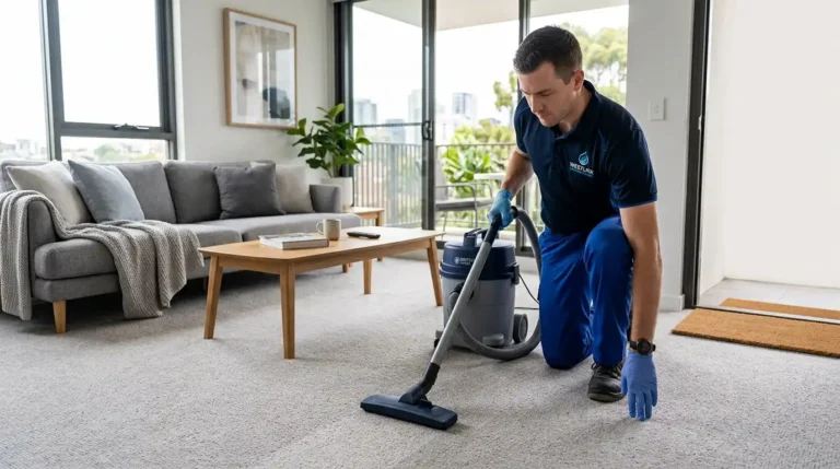 Male carpet cleaning technician vacuuming and maintaining carpet in a modern Sydney home