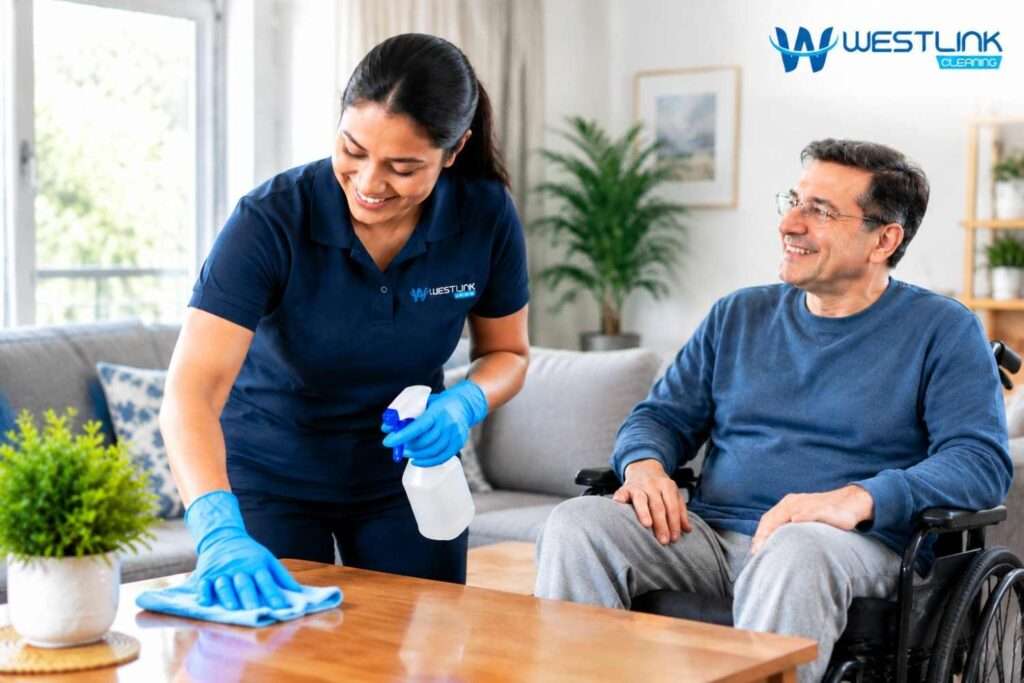 NDIS cleaning support worker helping a wheelchair user with household cleaning tasks at home