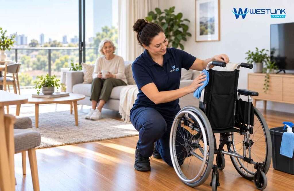Westlink cleaner wiping a wheelchair during an NDIS home cleaning visit
