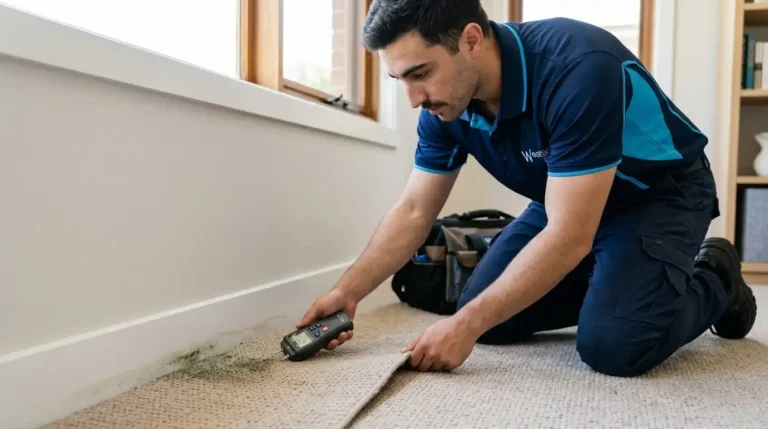 Professional technician assessing mould and moisture damage in carpet at a Sydney home