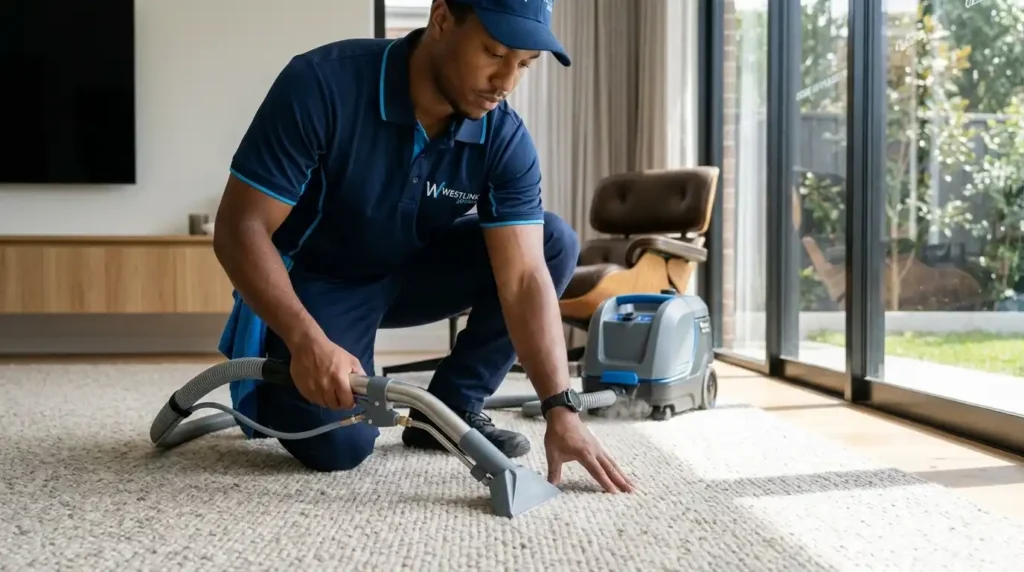 Professional carpet cleaner carefully steam cleaning wool carpet in a modern Sydney home