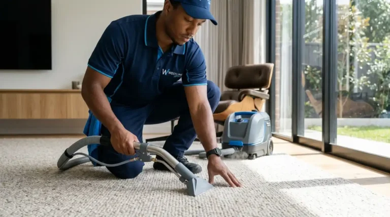 Professional carpet cleaner carefully steam cleaning wool carpet in a modern Sydney home