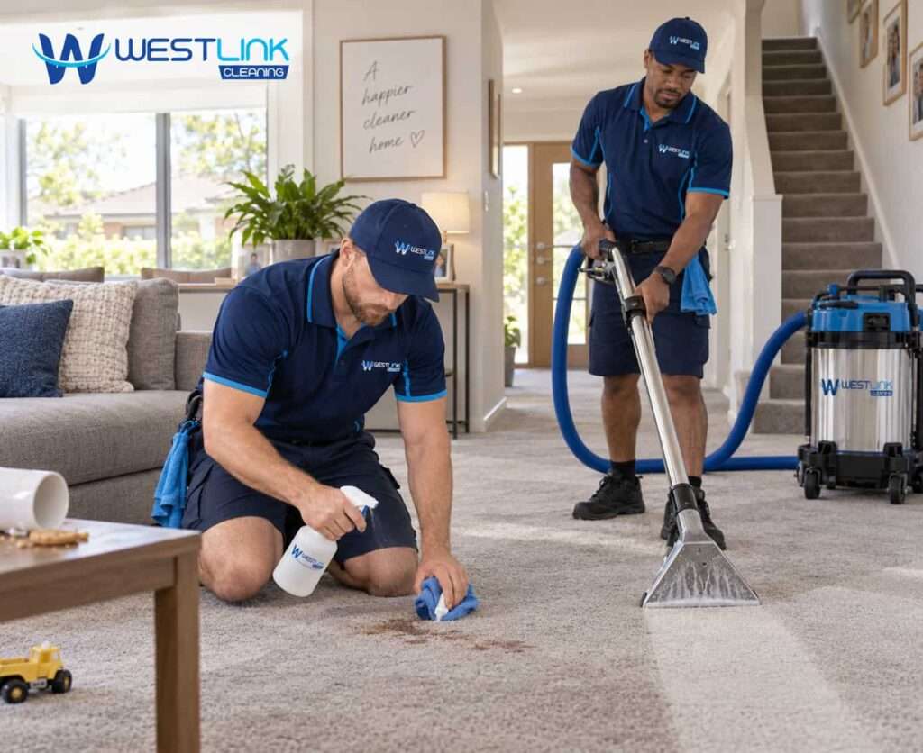Westlink Cleaning cleanerss pre-treating stains and deep cleaning a high-use carpet in a Blacktown home.