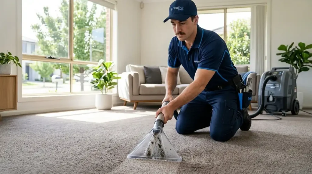Professional carpet cleaning removing accumulated dust and fine particles from a Sydney living room carpet