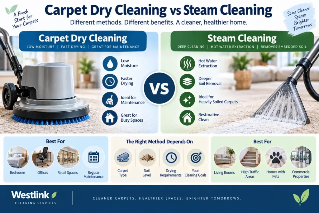 Infographic comparing carpet dry cleaning vs steam cleaning by moisture use, drying time, soil removal and best applications