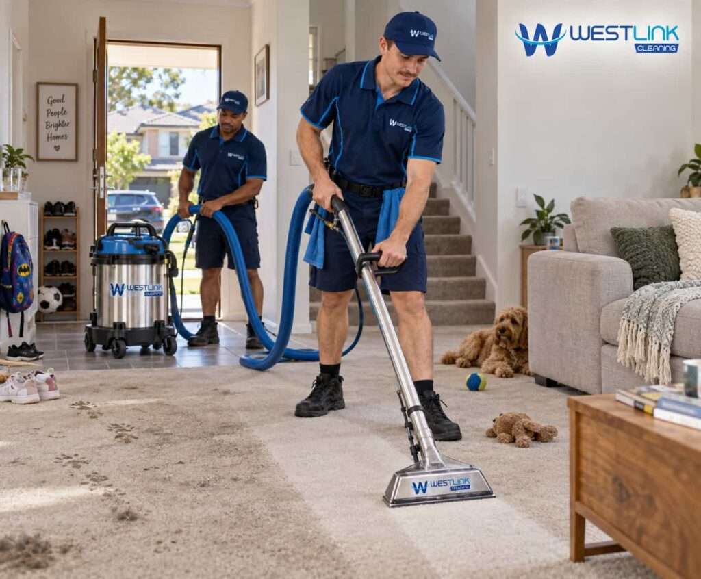Westlink Cleaning technicians deep cleaning a high-traffic carpet in a Blacktown family home with pet hair, tracked-in dirt and everyday marks.