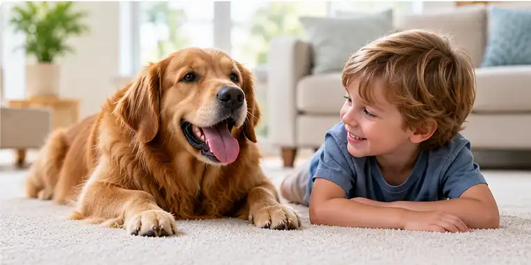 Child and dog relaxing on freshly cleaned residential carpet