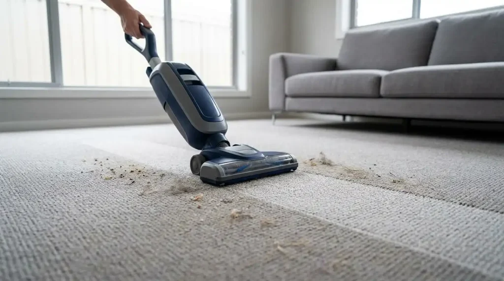 Vacuum removing loose dirt and hair from high-traffic carpet before professional cleaning