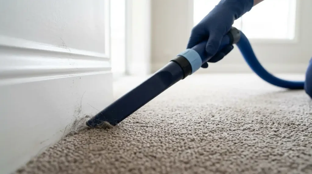 Vacuum attachment removing dust and hair from carpet edges before deep cleaning